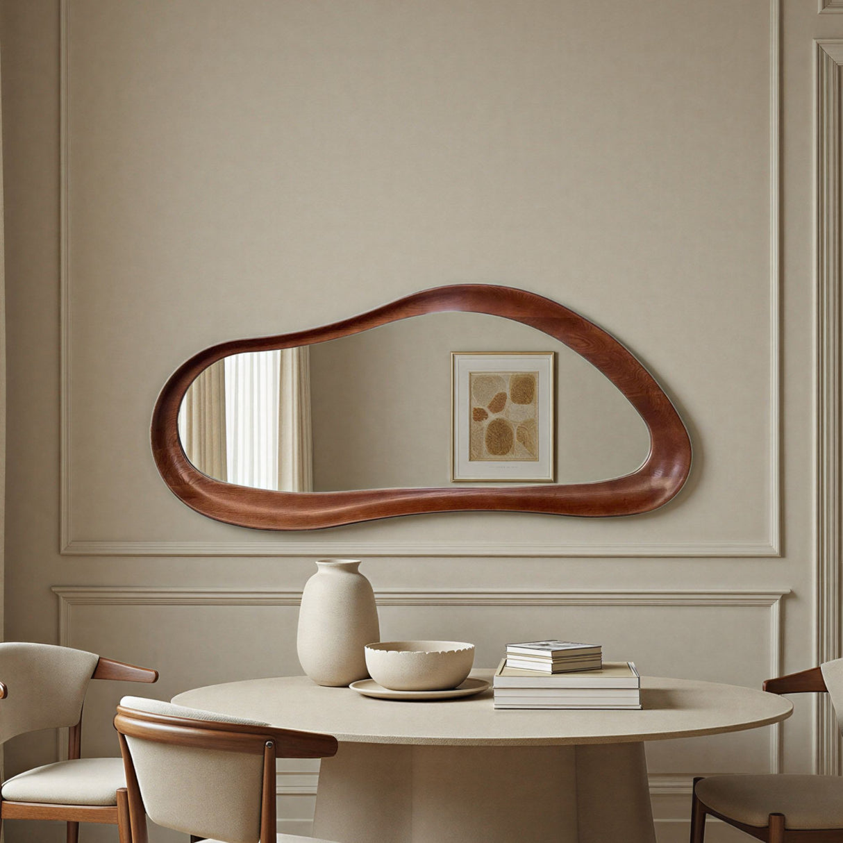 Elegant dining room with a unique wooden mirror on the wall, round table, and chairs.