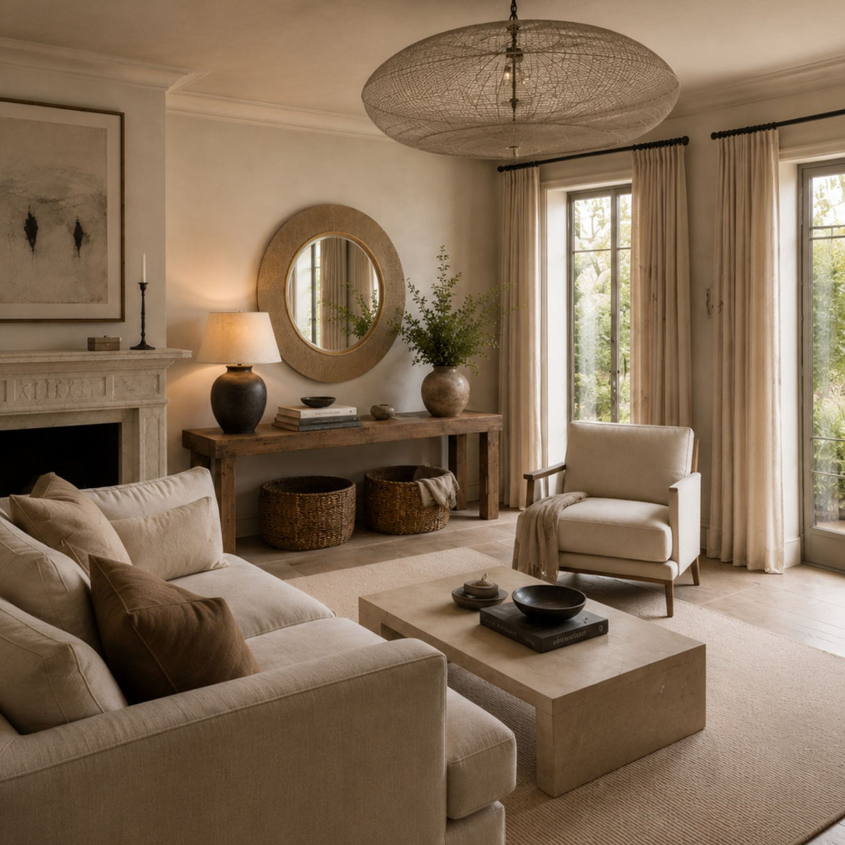 A beautifully styled living room featuring a light beige sofa, a matching armchair, a concrete coffee table, and a large woven pendant light hanging from the ceiling. The room has warm neutral walls, a round wooden mirror, and tall curtains framing bright windows.