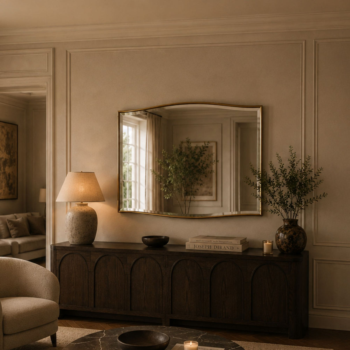 A large arched wall mirror with a distressed gold frame hangs above a dark wood console in a warm, beige-toned living room. The mirror reflects a window and greenery, while the room also features a table lamp, books, and a vase with dried branches.