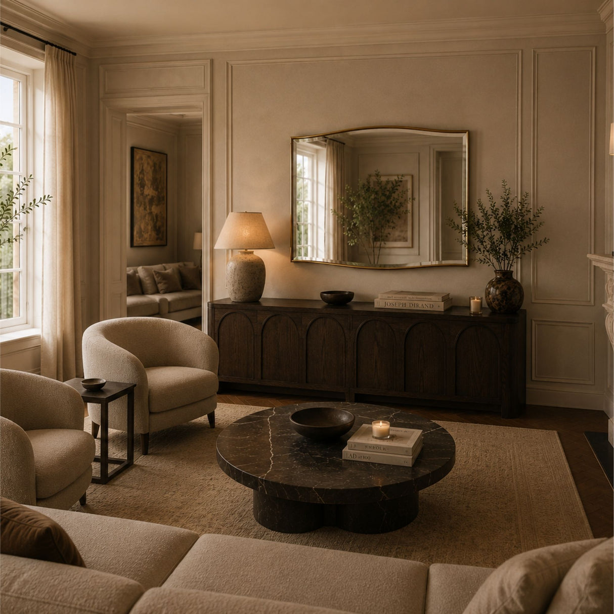 A warm, elegant living room interior with cream upholstered seating, a dark wood console, a large arched mirror, and a round dark stone coffee table on a beige rug.