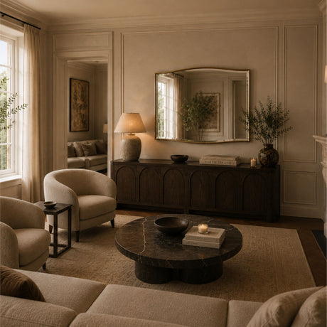 A warm, elegant living room interior with cream upholstered seating, a dark wood console, a large arched mirror, and a round dark stone coffee table on a beige rug.