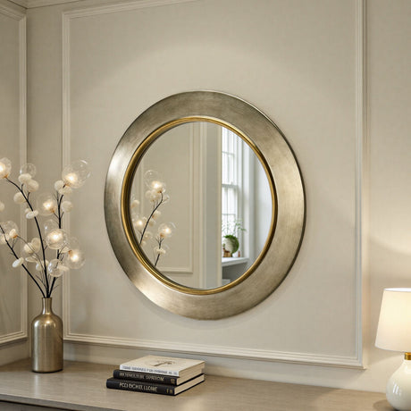 Large round contemporary circular mirror pewter with Gold trim bevelled