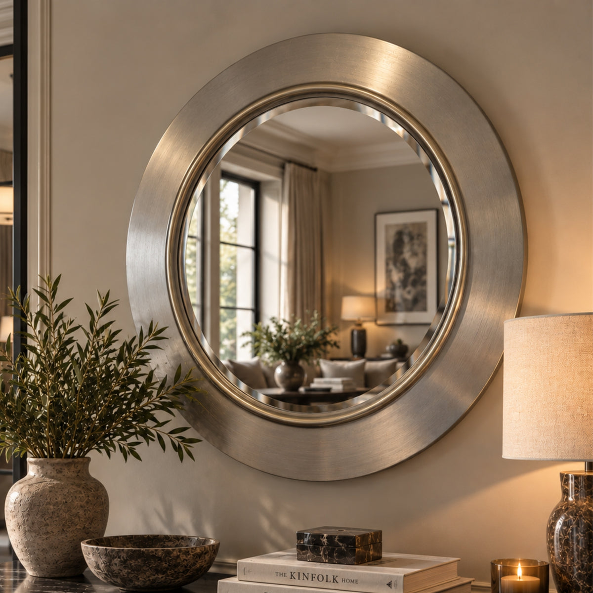 Ava Metalllic Silver Round Bevelled Mirror Gold Trim