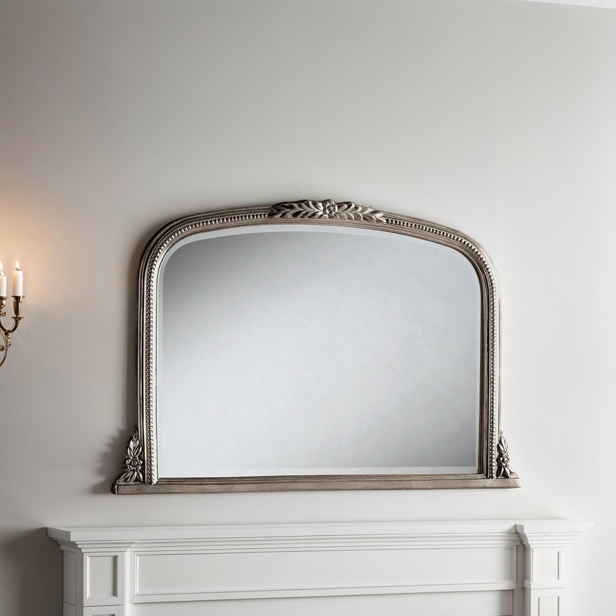 Silver framed arched beveled edge glass mirror