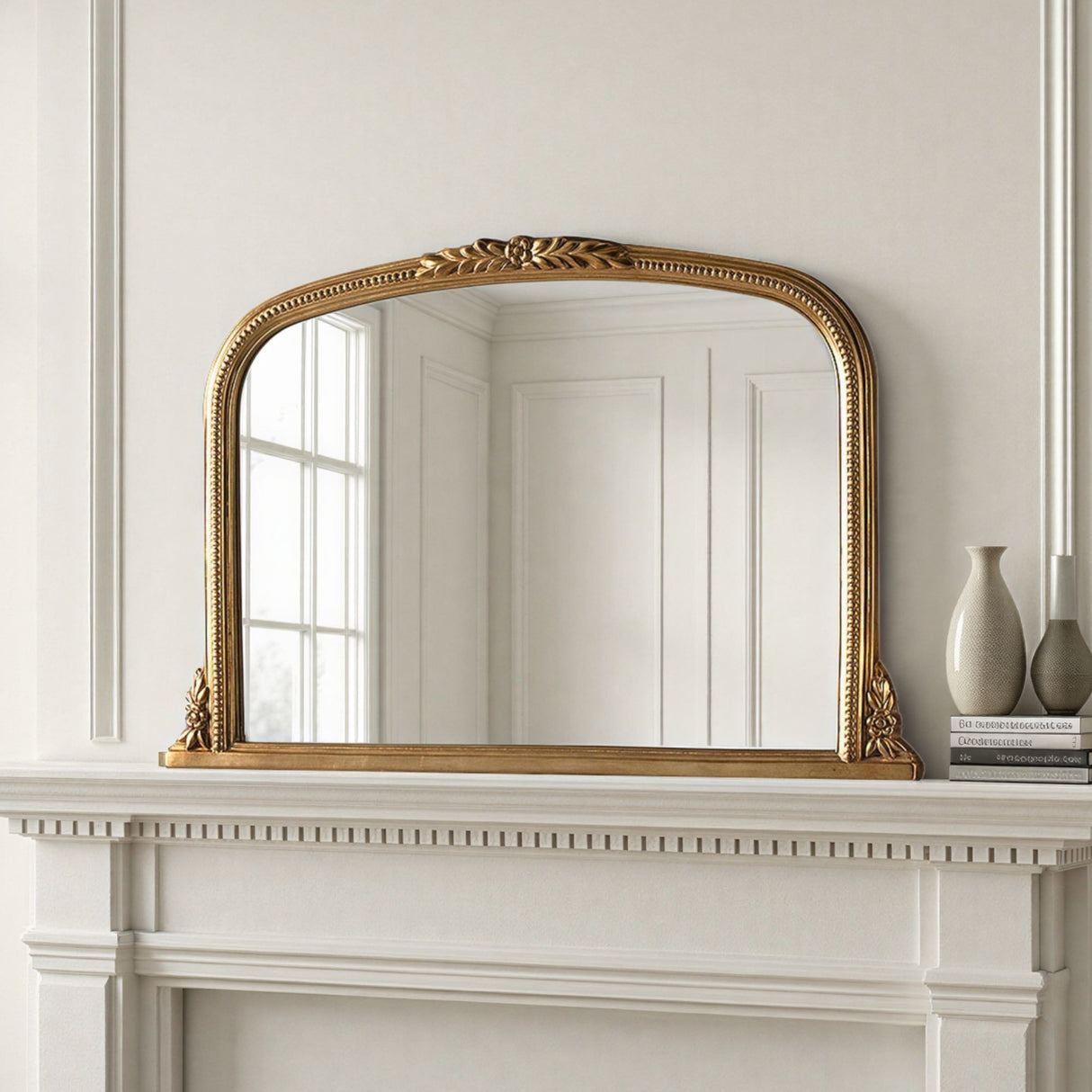 Gold antique overmantle mirror with beads bevelled