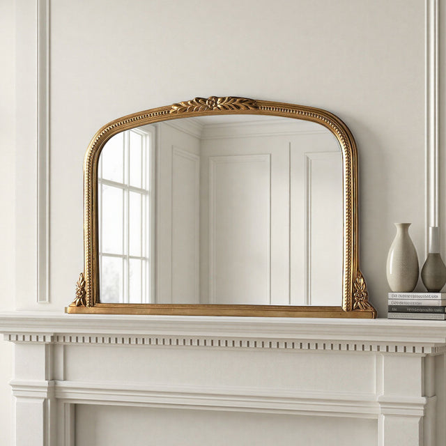 Gold antique overmantle mirror with beads bevelled