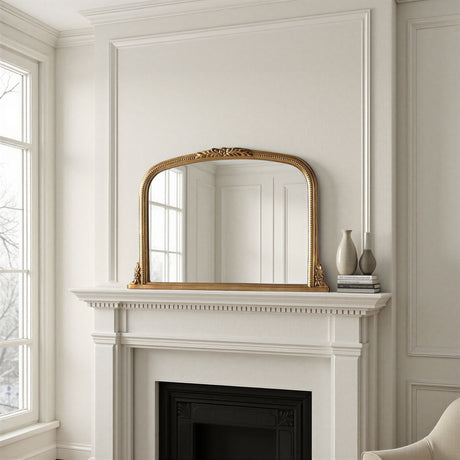 Gold antique overmantle mirror with beads bevelled