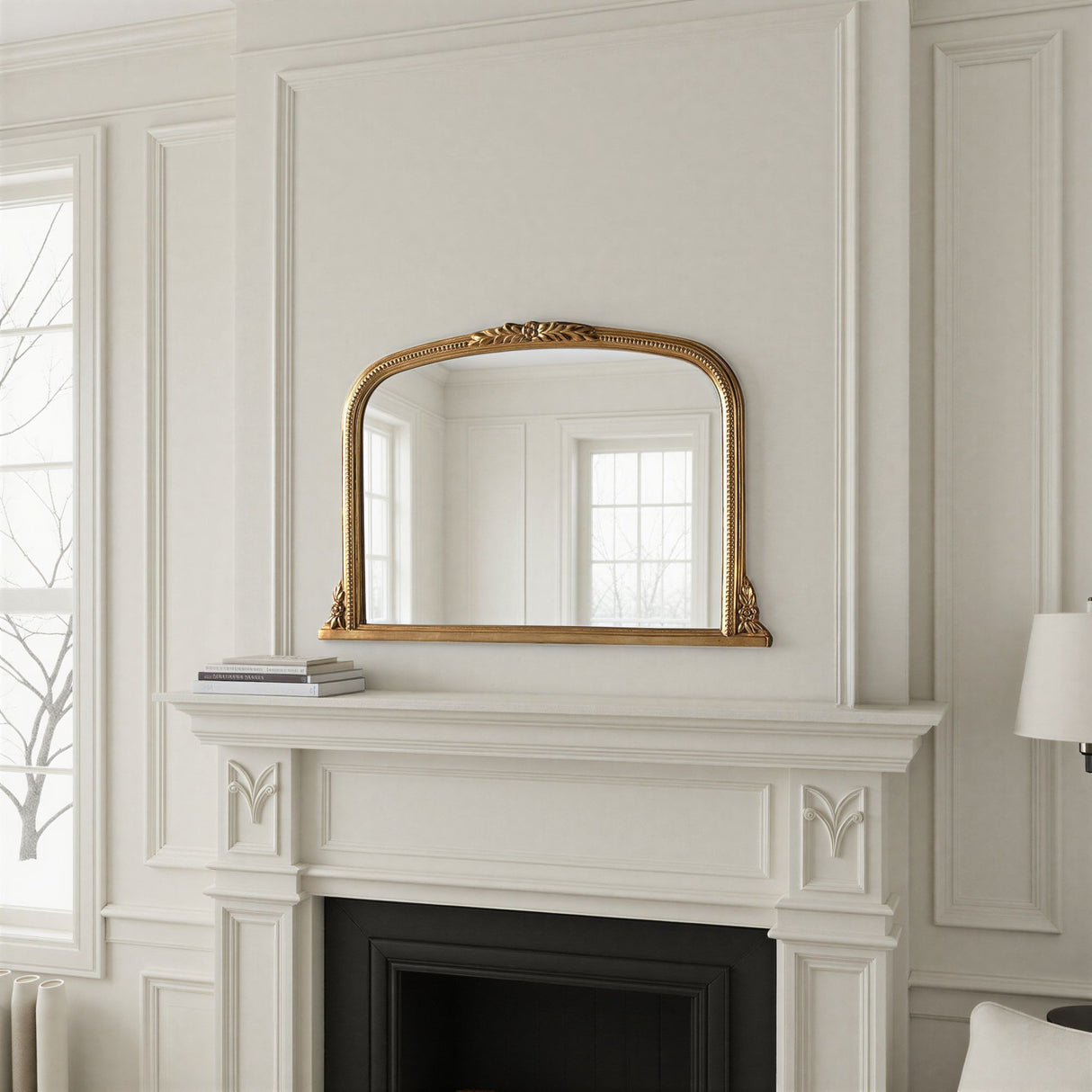 Gold antique overmantle mirror with beads bevelled