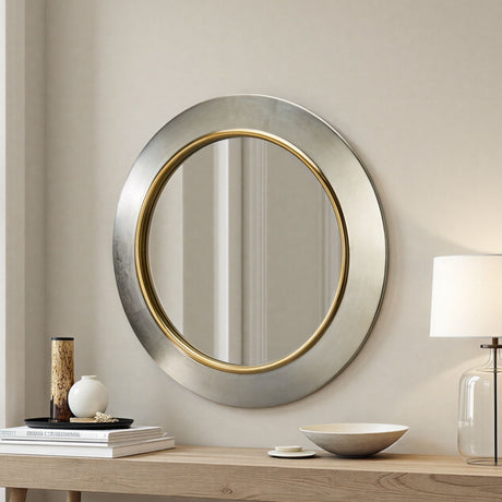 Large round contemporary circular mirror silver with Gold trim bevelled