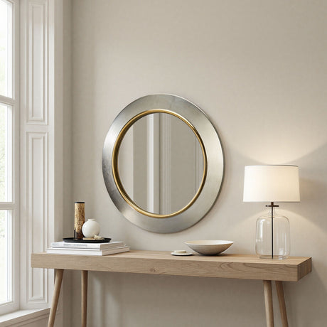 Large round contemporary circular mirror silver with Gold trim bevelled