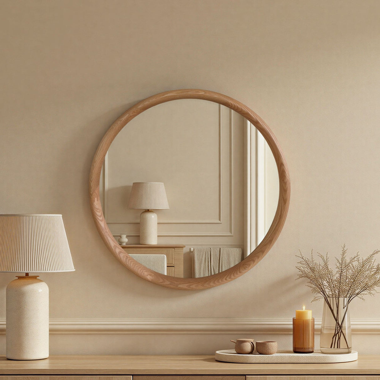 Oak round wall mirror