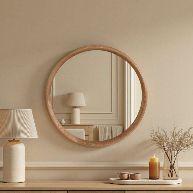 Oak round wall mirror