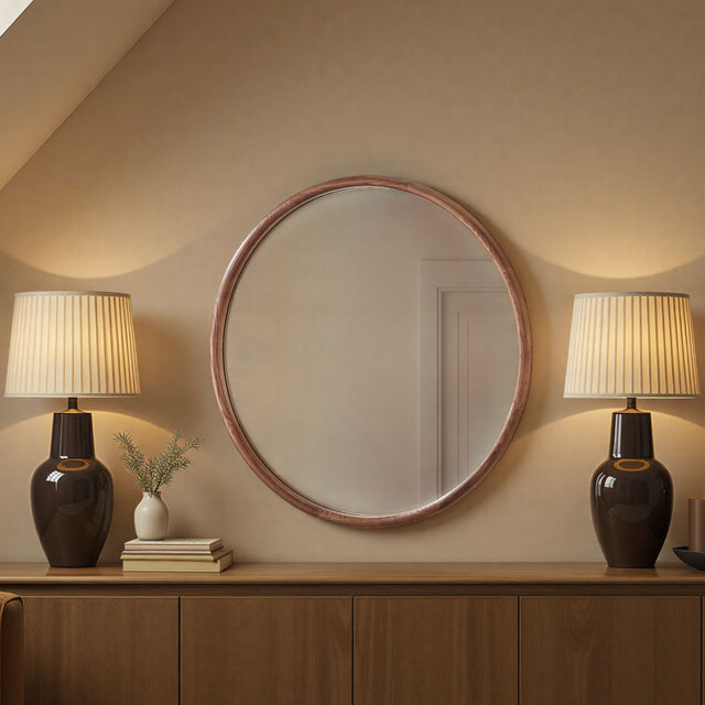 warm wood round mirror