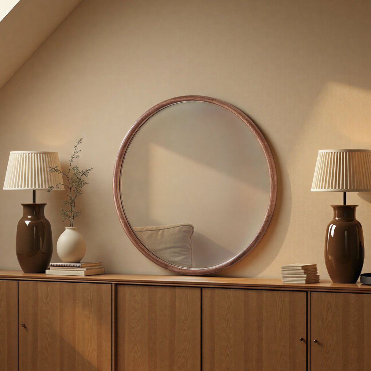 warm wood round mirror