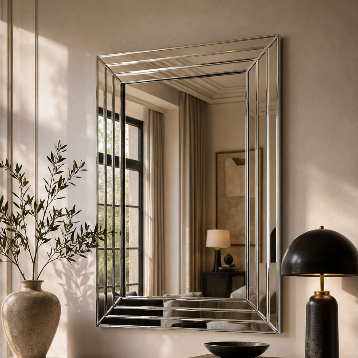 A large rectangular wall mirror with a polished silver frame hangs on a beige wall in a styled interior. The mirror reflects a window, curtains, and a side table, while the room itself features a vase with branches, a black dome lamp, and a dark bowl on a console table.