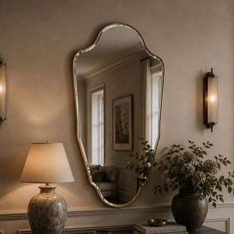 An ornate asymmetrical wall mirror with a gold-toned frame hangs on a beige wall above a console table. The mirror reflects a softly lit interior, while the room is styled with a lit table lamp, wall sconces, a vase of flowers, and books.