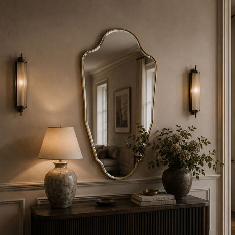An ornate scalloped wall mirror with a gold-toned frame hangs on a beige wall above a dark wood console table. The room is styled with a lit table lamp, a vase of greenery, and matching wall sconces.
