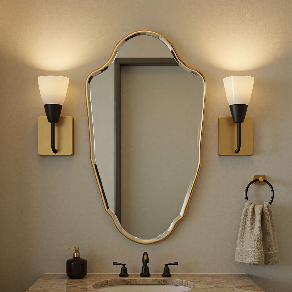 Curved classic bevelled mirror gold