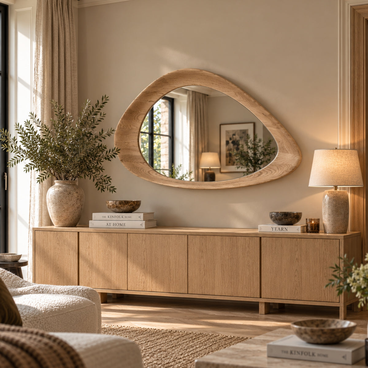 A large organic-shaped wooden wall mirror with a natural oak frame hangs above a matching light wood sideboard in a warm, sunlit living room. The scene includes a table lamp, books, bowls, and potted plants.