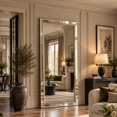 A tall floor-length mirror with a slim silver frame stands in a styled living room corner, reflecting a softly lit interior with curtains, sofa, and decor. The room has warm beige walls, wood flooring, a table lamp, framed wall art, and large potted plants.