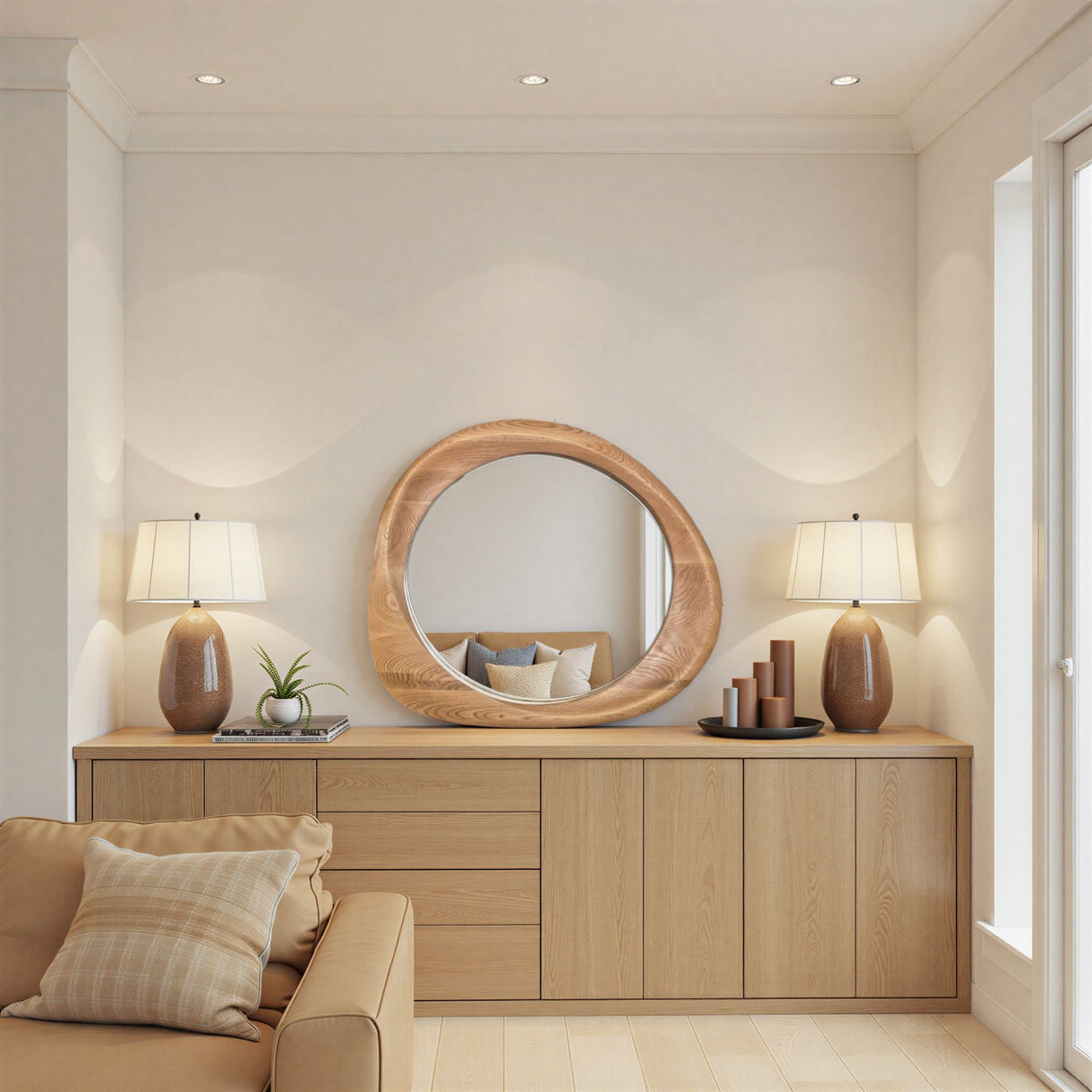 Modern living room with wooden dresser, round mirror, and beige sofa.