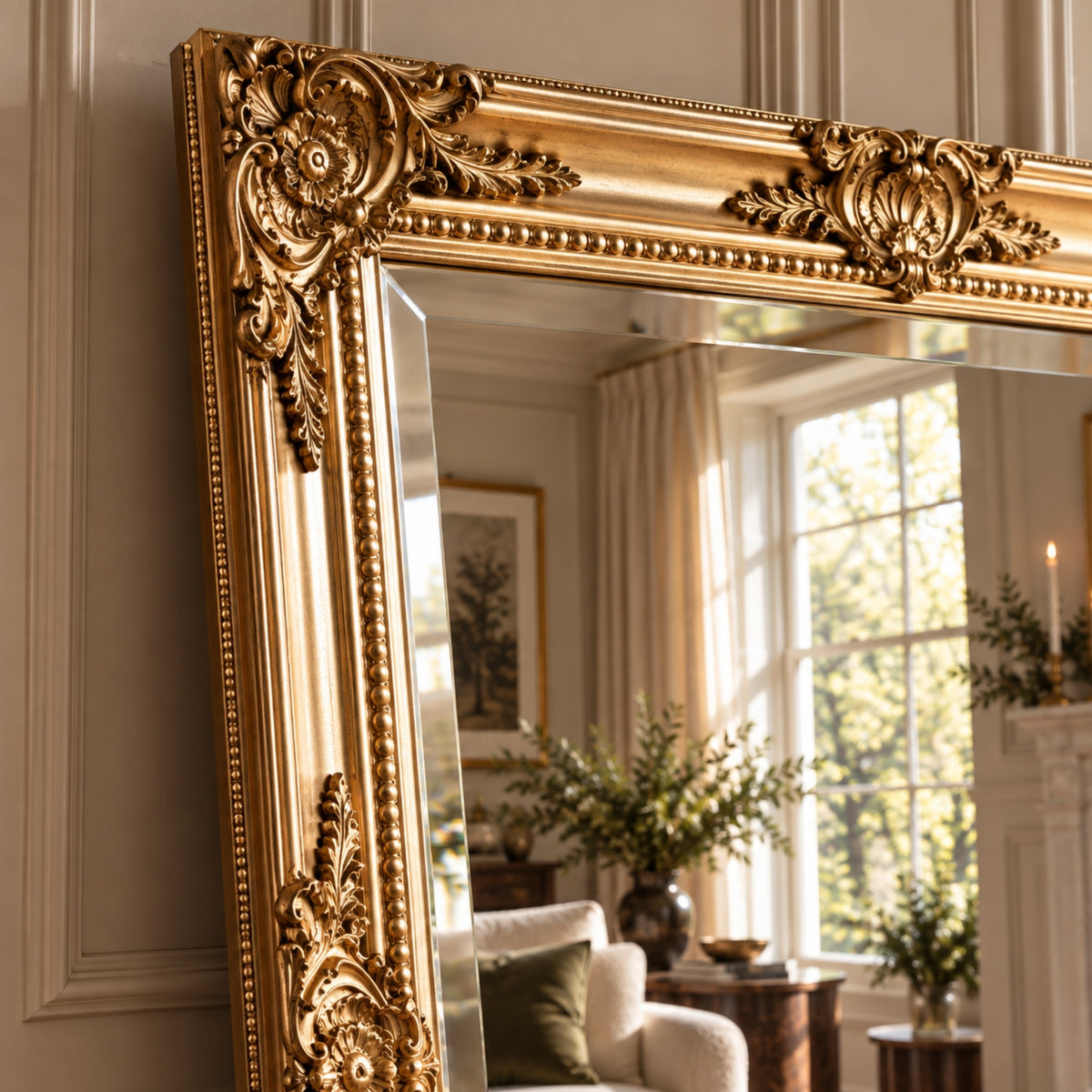 An ornate gold-framed mirror with intricate carved floral and scroll details, leaning against a paneled wall in a styled room with a window, curtains, and home decor visible in the reflection.