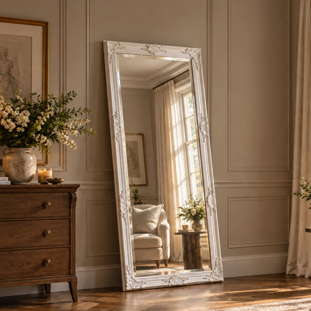 carved white ornate full length mirror
