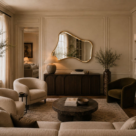 A styled living room interior with cream upholstered seating, a dark wood sideboard, an organic-shaped gold-framed mirror on the wall, a round stone coffee table, and warm ambient lighting.