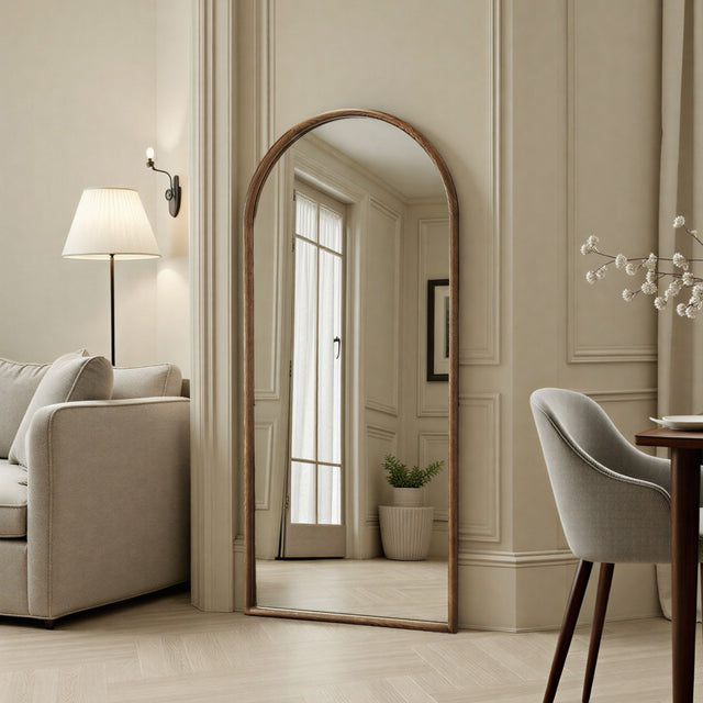 Arched walnut warm wood mirror