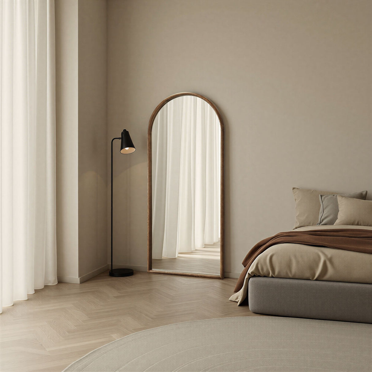 Large arched walnut wood mirror