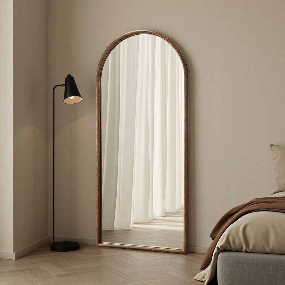 Large arched walnut wood mirror