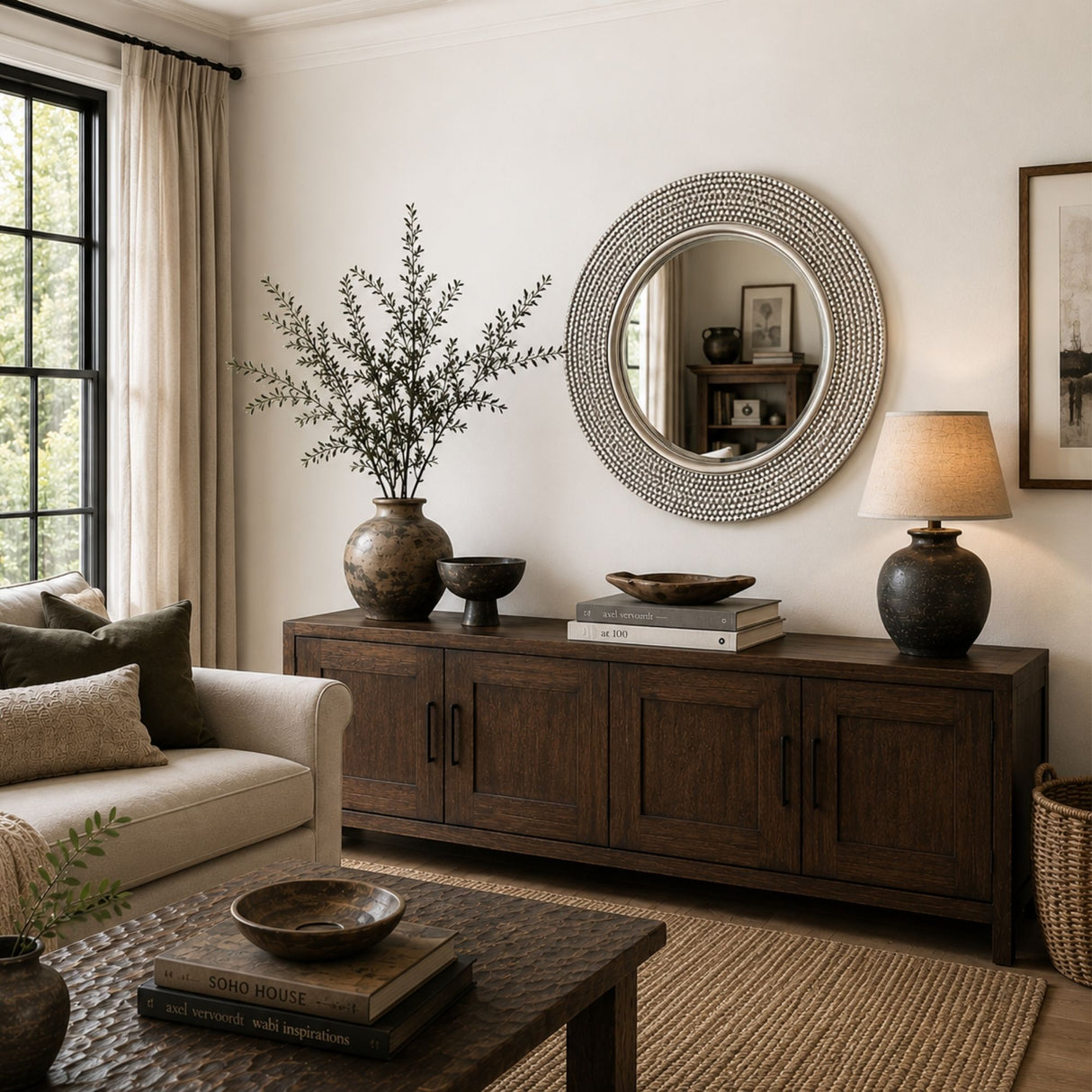 A styled living room scene featuring a dark wood sideboard with decorative vases, a round beaded wall mirror, a table lamp, and a sofa in the foreground.