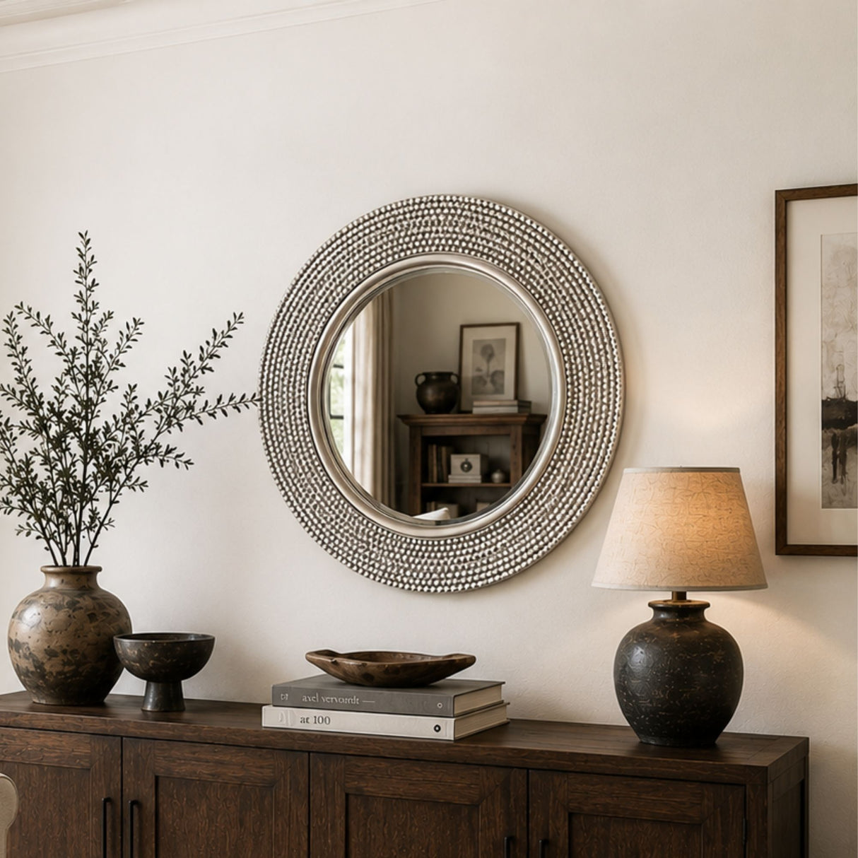 round silver beaded mirror
