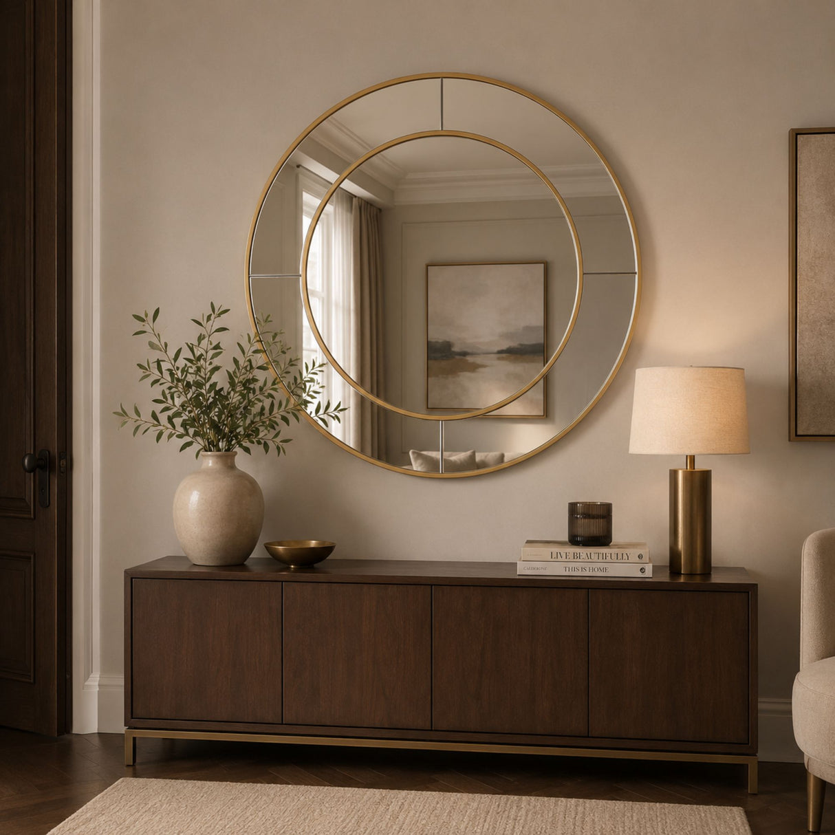 A large round double-ring gold-framed mirror hangs on a beige wall above a dark wood console table in a styled living room setting.