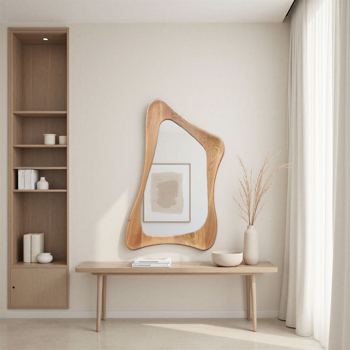 Modern interior with a wooden mirror and bench against a neutral wall.