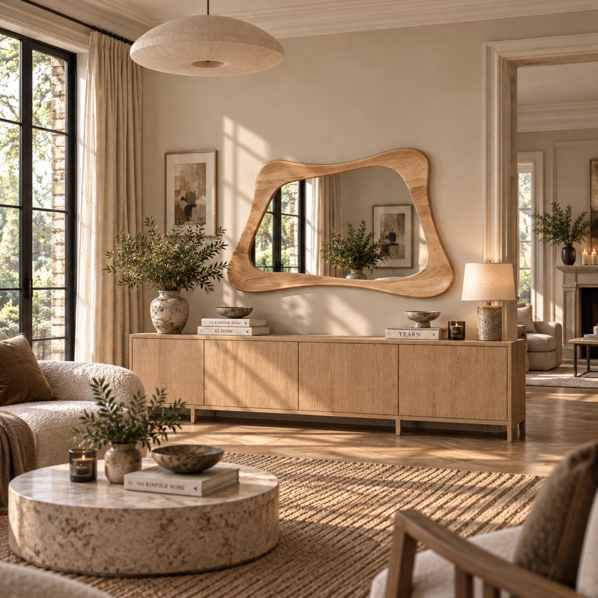 A modern living room featuring a distinctive organic-shaped wooden wall mirror mounted above a light wood sideboard. The room is styled with neutral beige and brown tones, including a textured woven rug, a round stone coffee table, and potted plants.