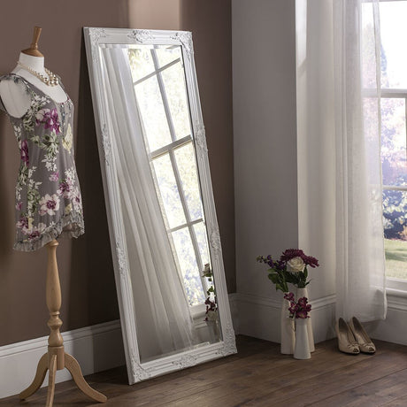 Rectangular ornamental white frame leaner full length glass mirror