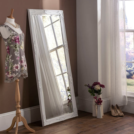 Rectangular ornamental white frame leaner full length glass mirror
