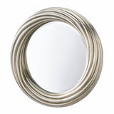 Round mirror with a silver metallic frame on a white background