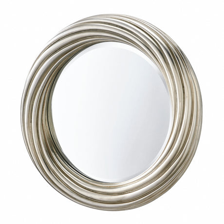 Round mirror with a silver metallic frame on a white background