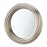 Round mirror with a silver metallic frame on a white background