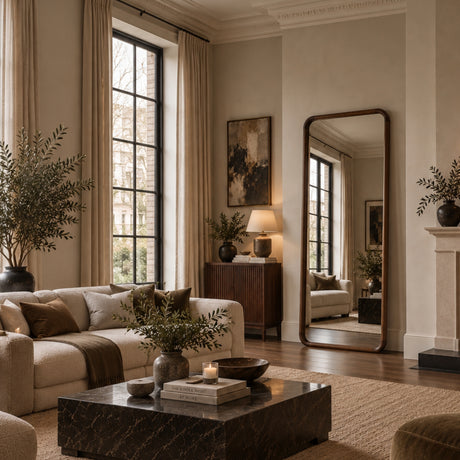 A styled living room interior featuring a cream sectional sofa, a dark marble coffee table, a tall floor mirror, and warm neutral decor in a classic architectural setting.