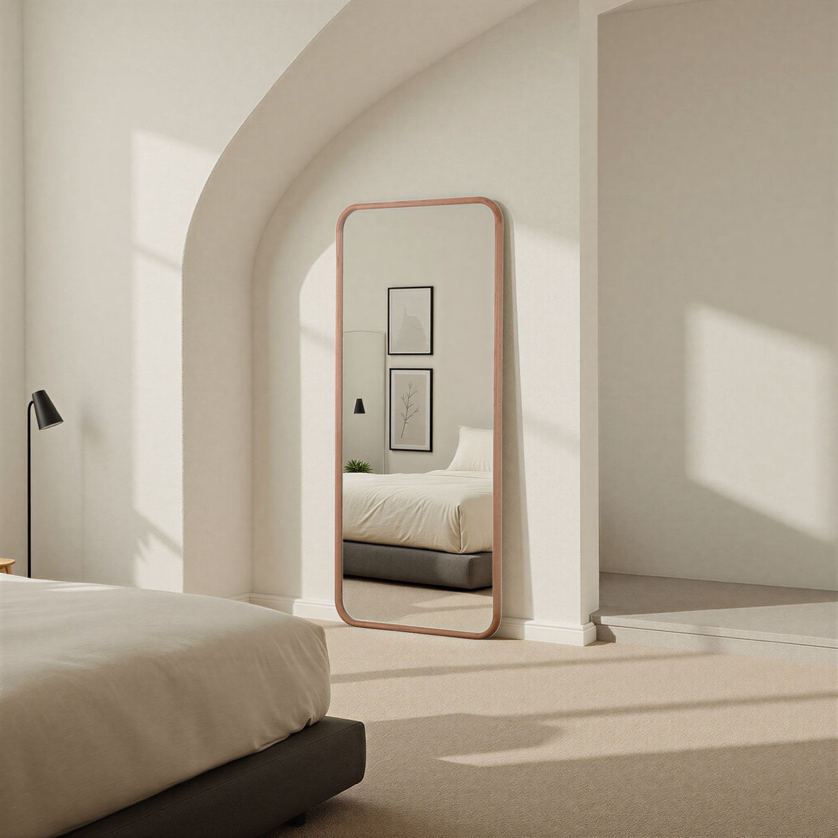 large full length oak wood curved mirror