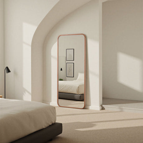 large full length oak wood curved mirror