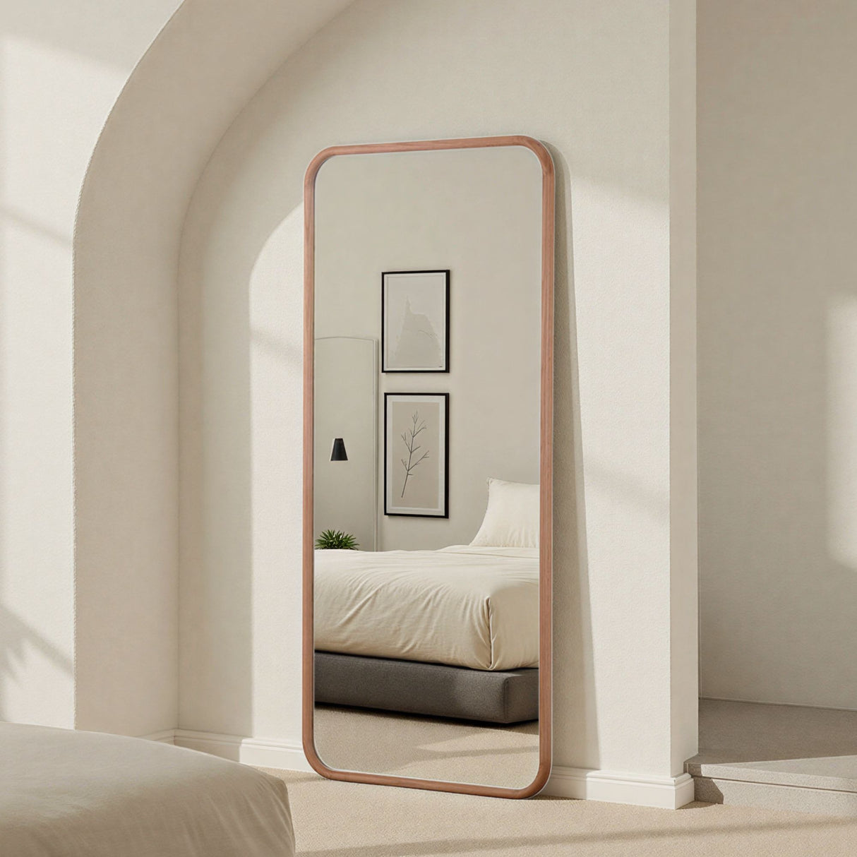 large full length oak wood curved mirror