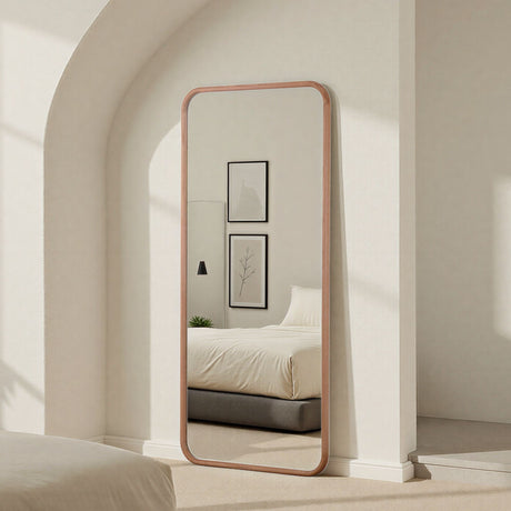 large full length oak wood curved mirror