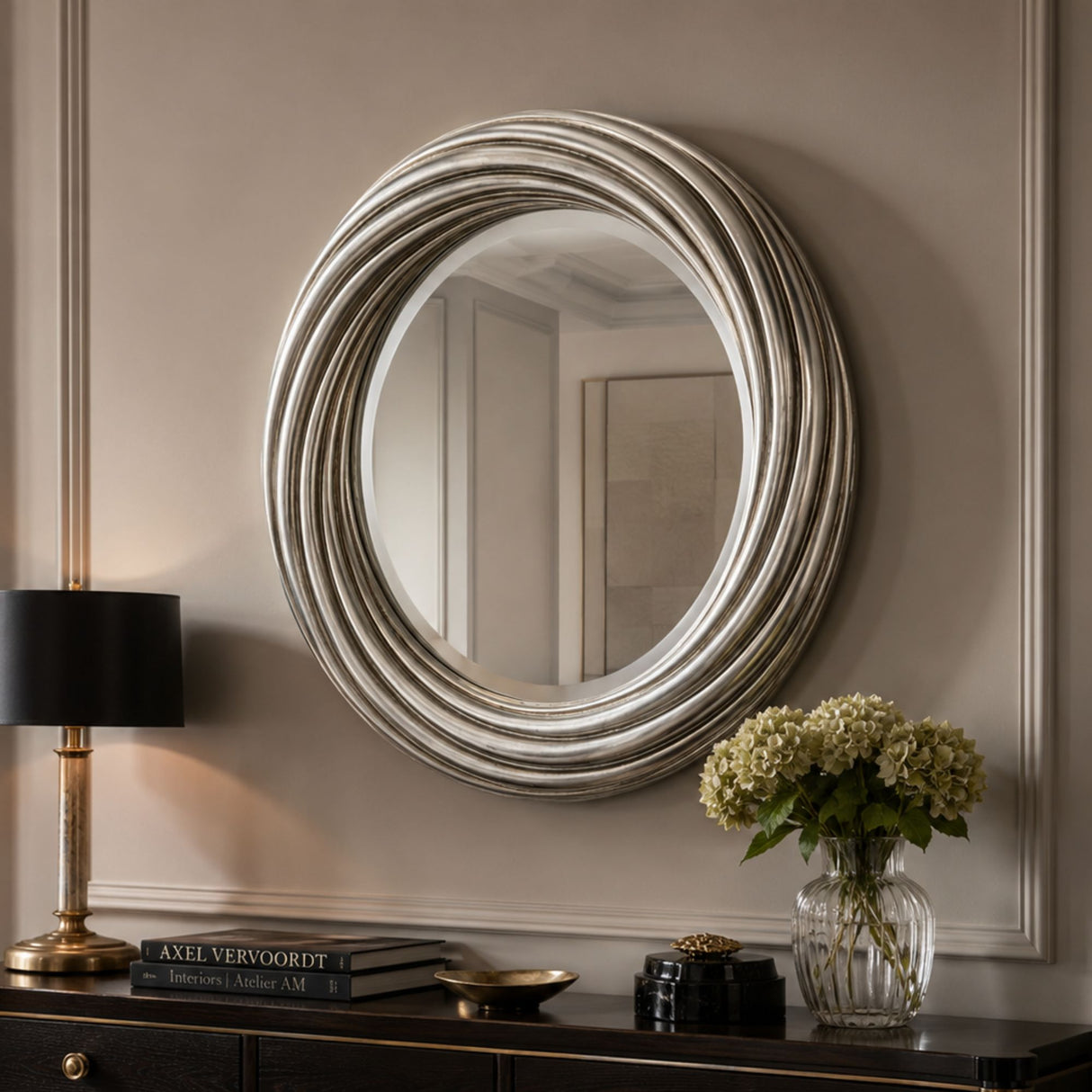 Silver round swirl mirror