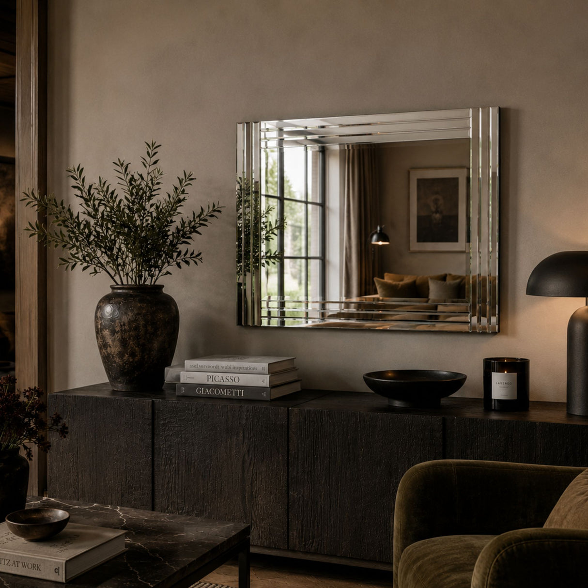 A rectangular wall mirror with a silver-toned beveled frame hangs above a dark wood console in a styled interior. The room includes a large vase with greenery, books, a black bowl, a lit table lamp, and part of an upholstered chair.