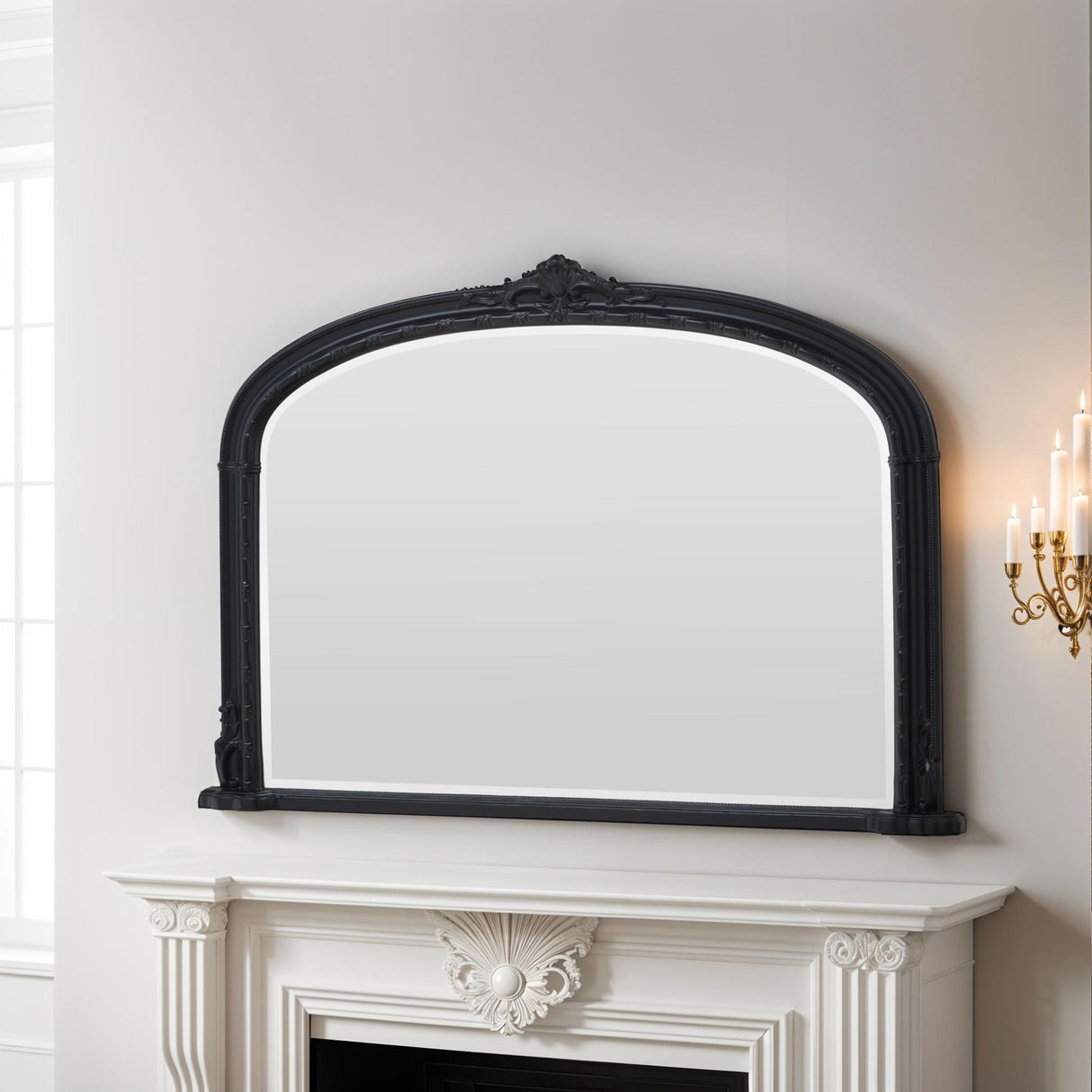 Black frame arched decorative mantle beveled edge glass mirror