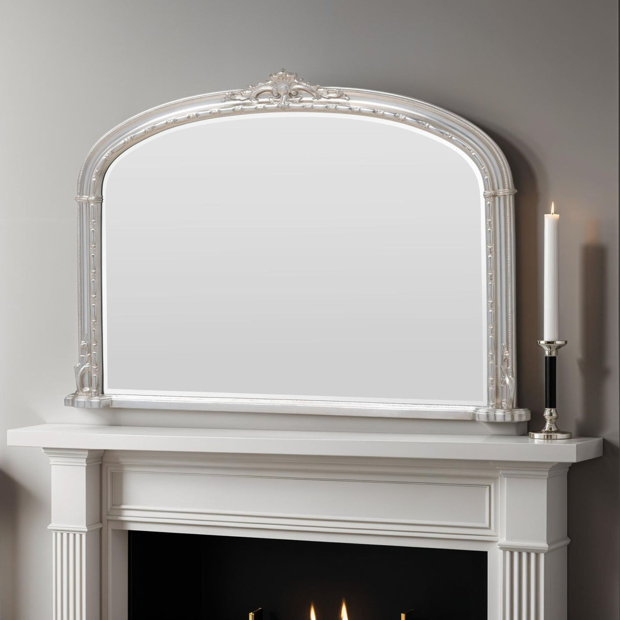 Silver frame arched decorative mantle beveled edge glass mirror